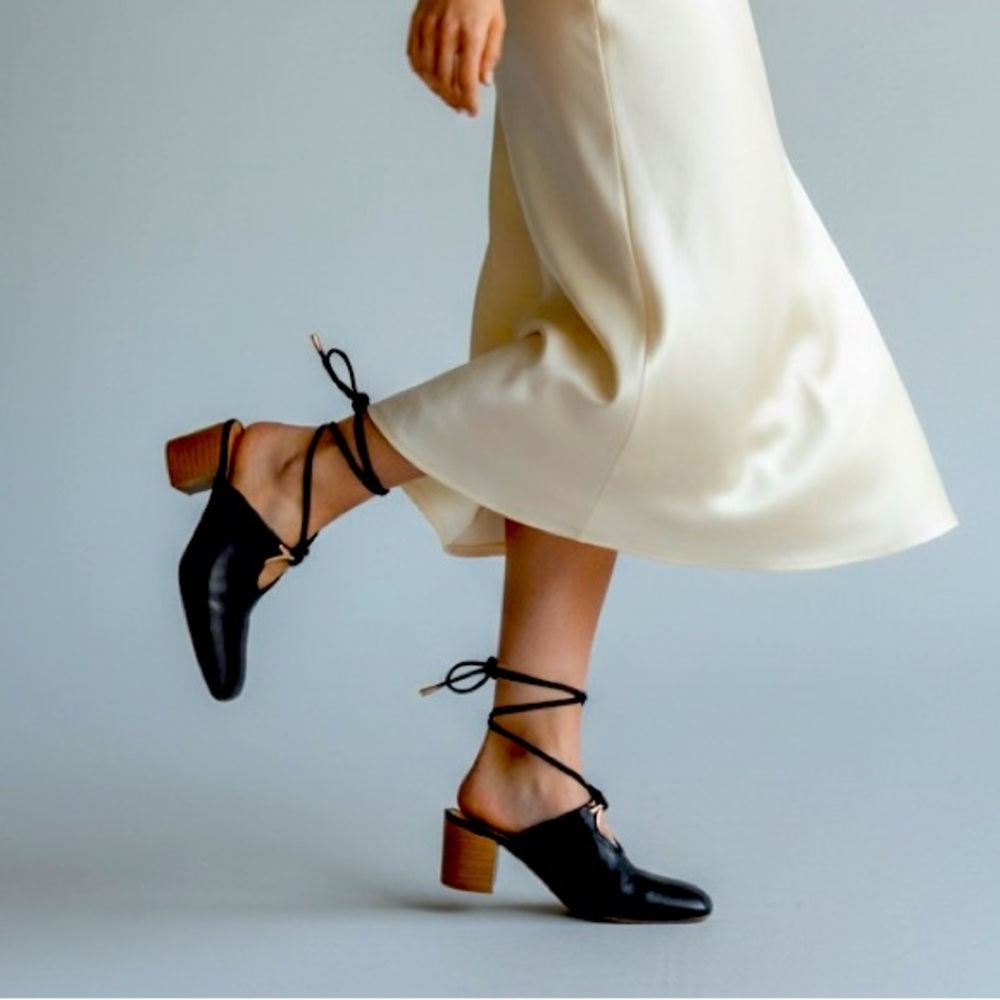 Salvatore Ferragamo Black Leather Lace-Up Mules Brushed Gold Heel